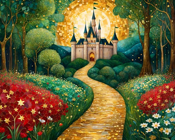 Vibrant Landscape with Golden Path to Majestic Castle
