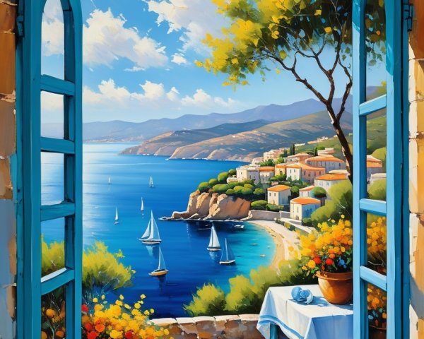 Coastal View from Open Window with Vibrant Flowers