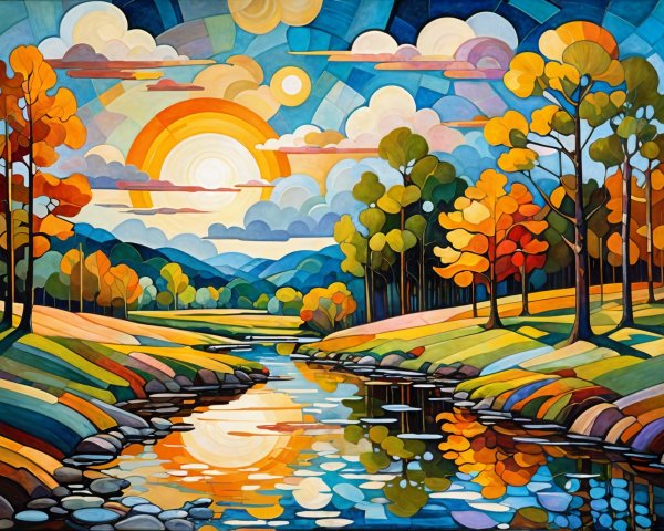 Vibrant Landscape with Autumn Trees and Serene River
