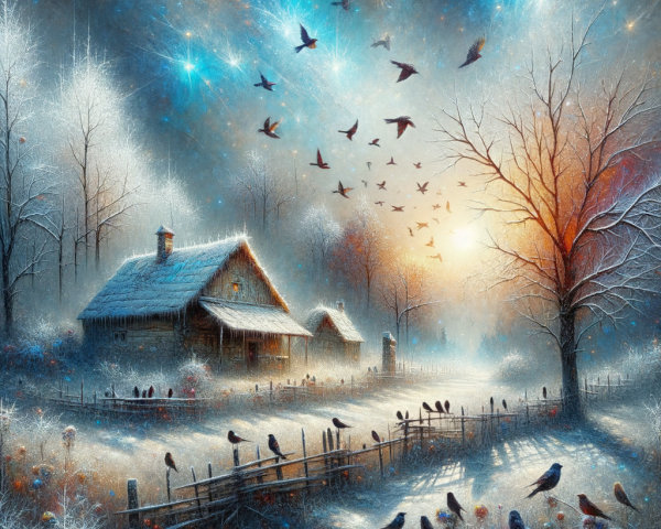 Snow-Covered Cottage in a Winter Landscape at Sunrise