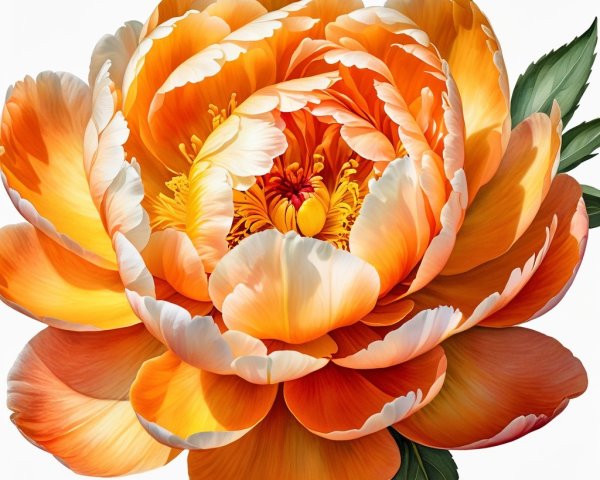 Vibrant Orange Peony with Silky Petals and Green Leaves