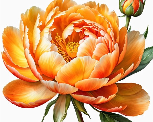 Vibrant orange peony with intricate petals and leaves