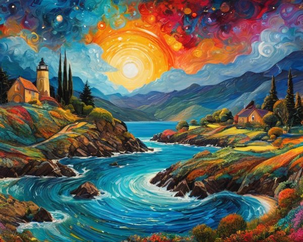 Vibrant Landscape with Shoreline and Autumn Foliage