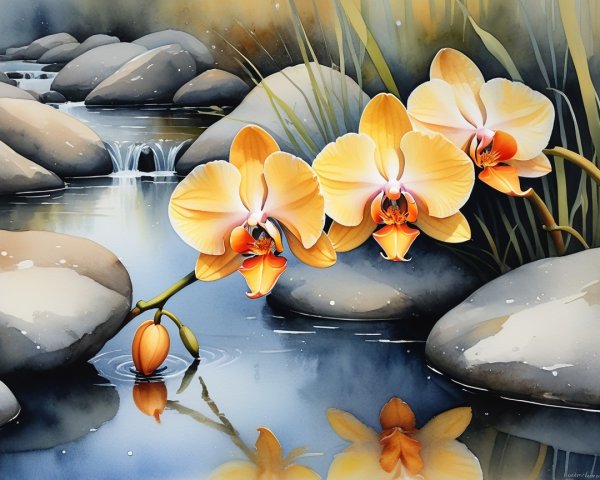 Watercolor Scene of Orange Orchids by a Stream