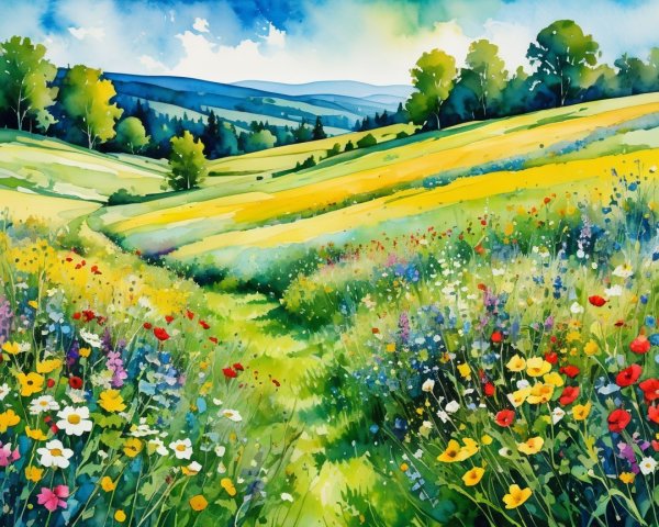 Vibrant Landscape of Rolling Hills and Wildflowers