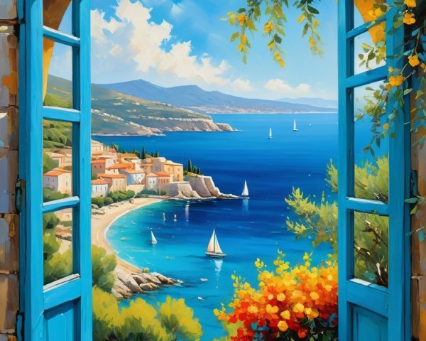 Coastal Scene Through a Blue-Framed Window