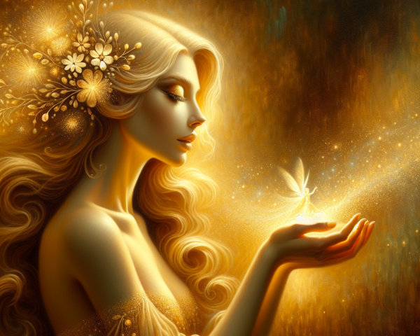 Ethereal Woman with Fairy in Golden Light Scene