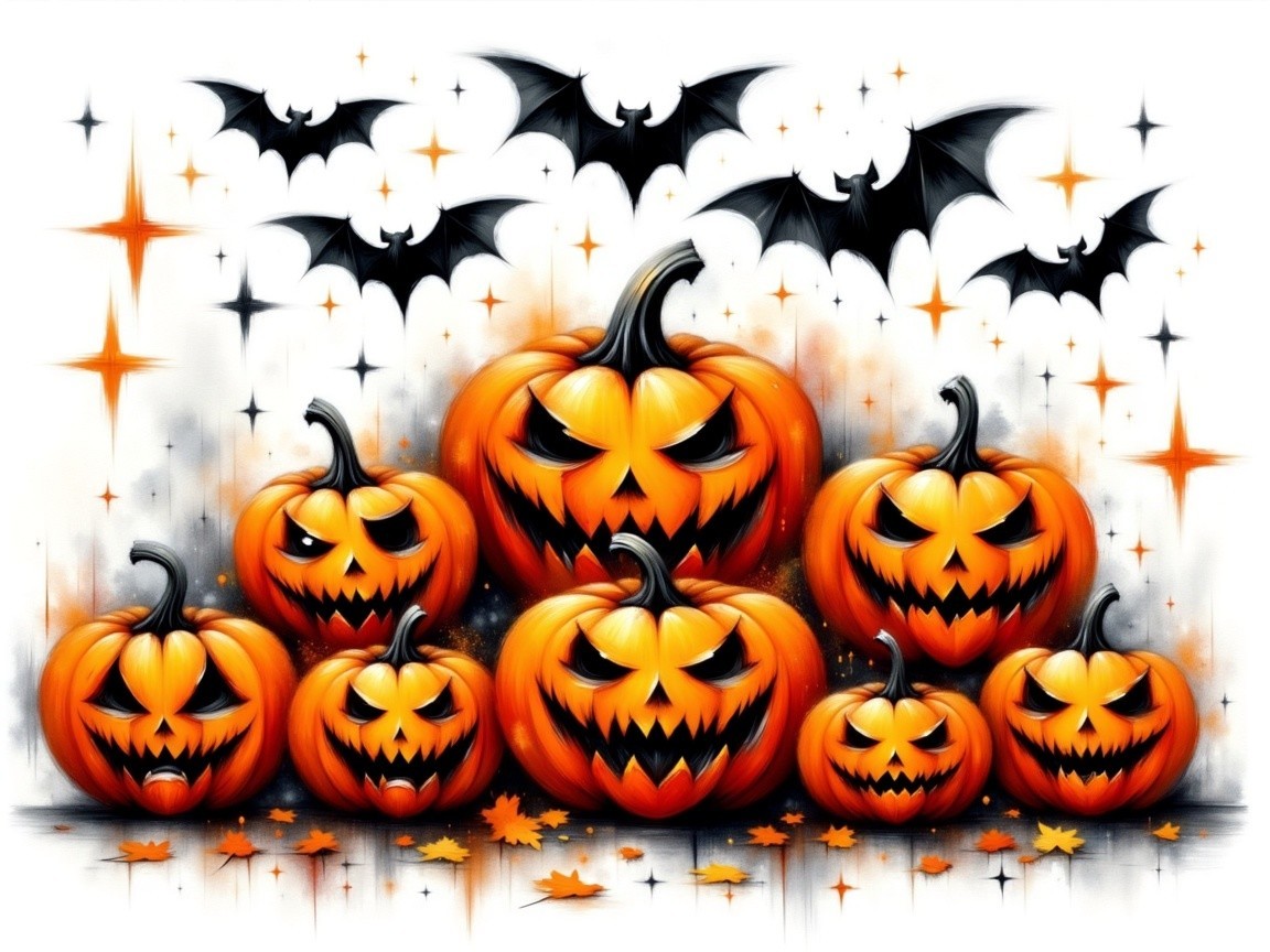 Vibrant Halloween Scene with Jack-o'-Lanterns and Bats