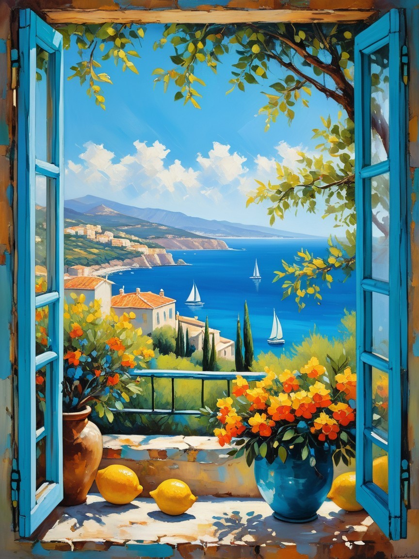 Vibrant Seaside Scene Through an Open Window