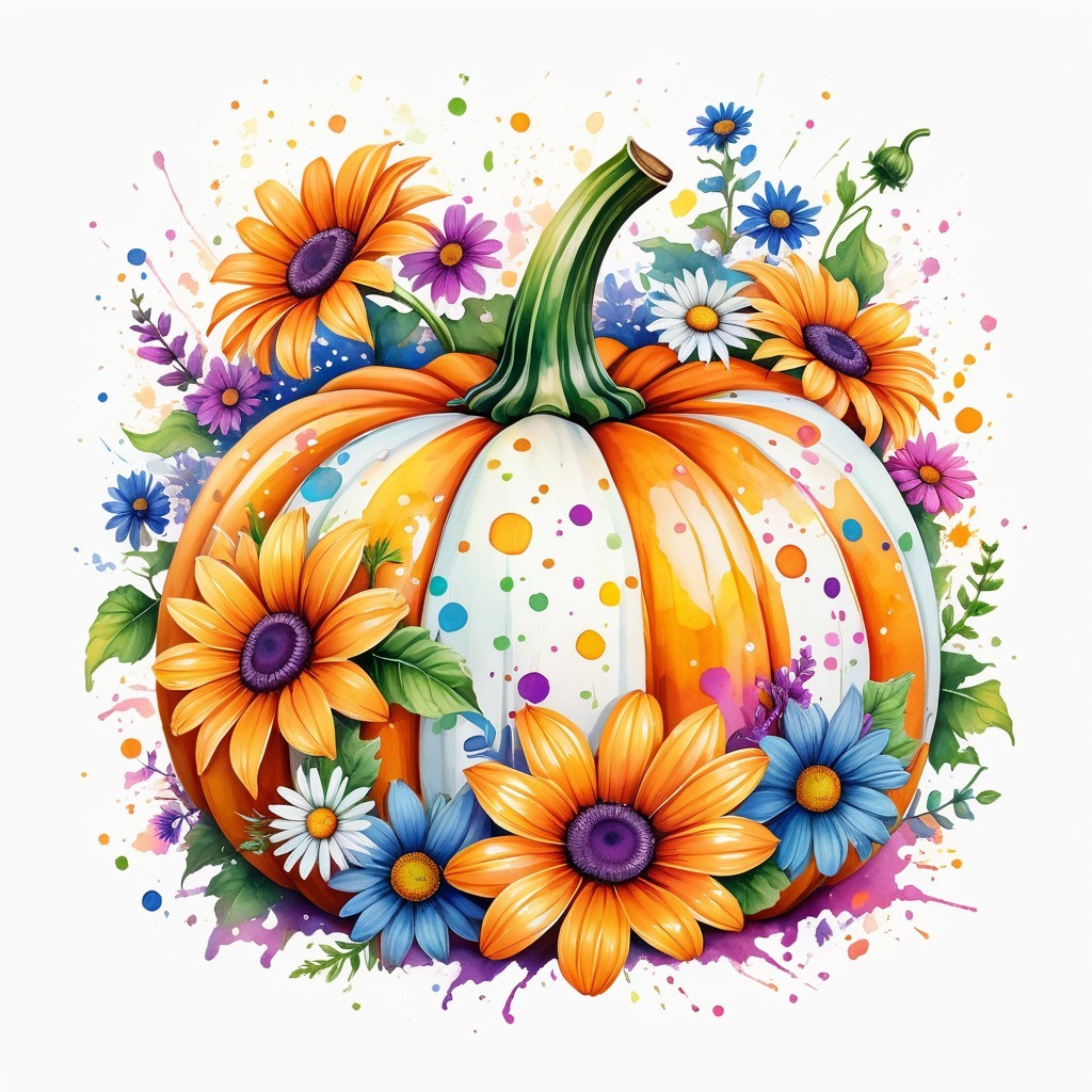 Vibrant Pumpkin Illustration with Sunflowers and Dots