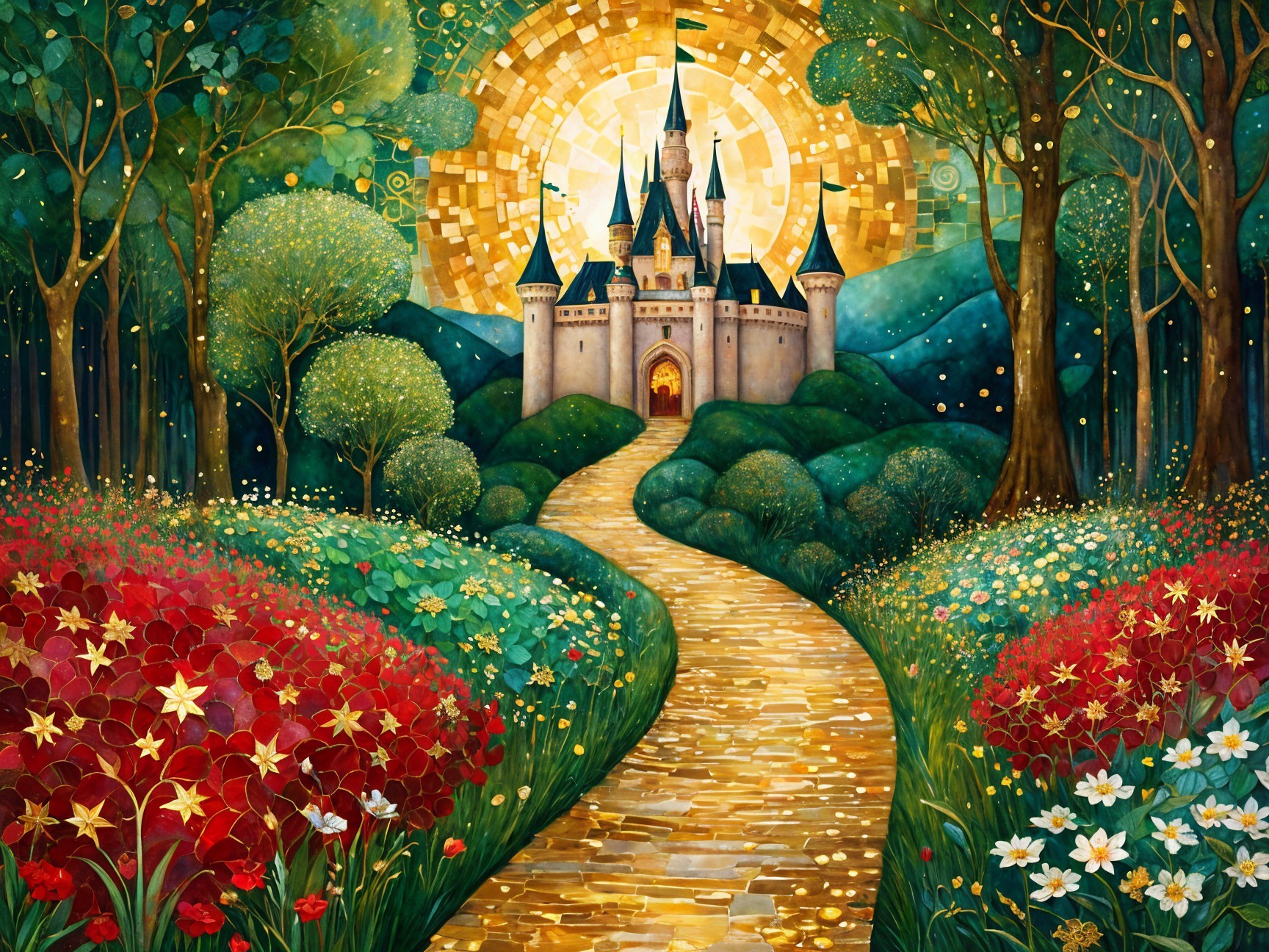 Vibrant Landscape with Golden Path to Majestic Castle