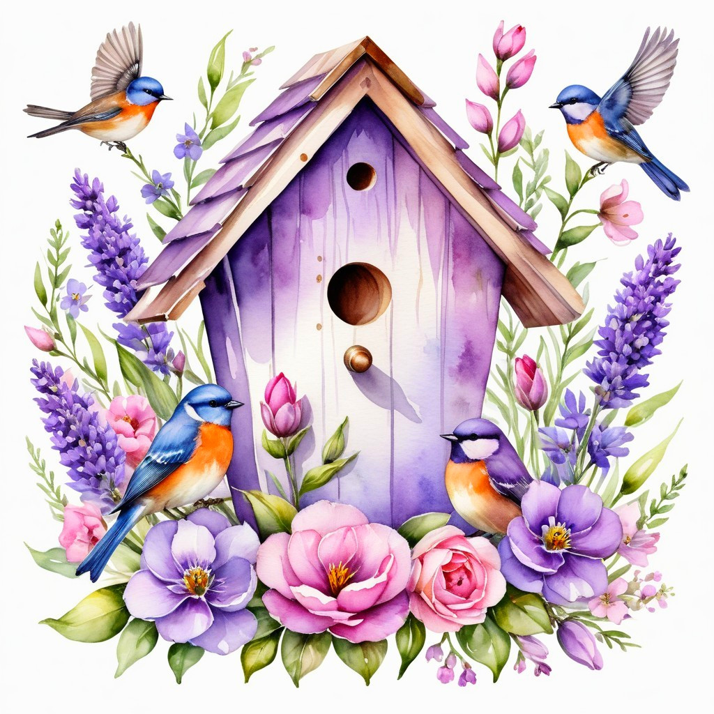 Watercolor Illustration of Birdhouse and Flowers