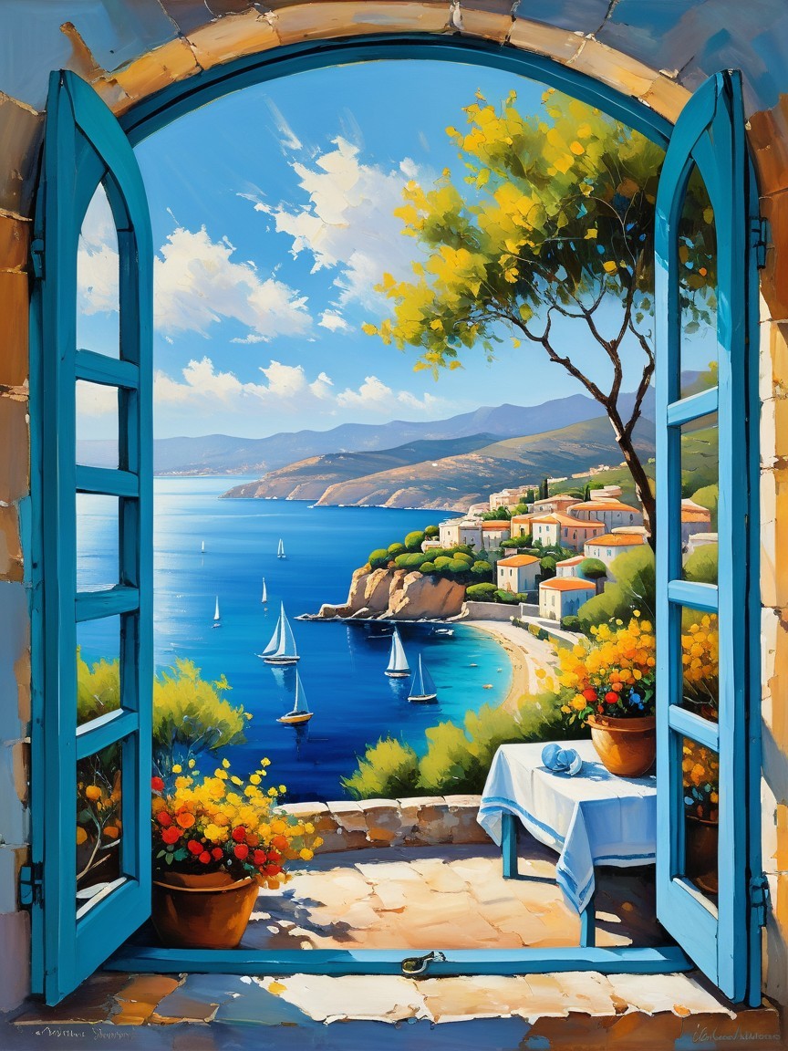 Coastal View from Open Window with Vibrant Flowers