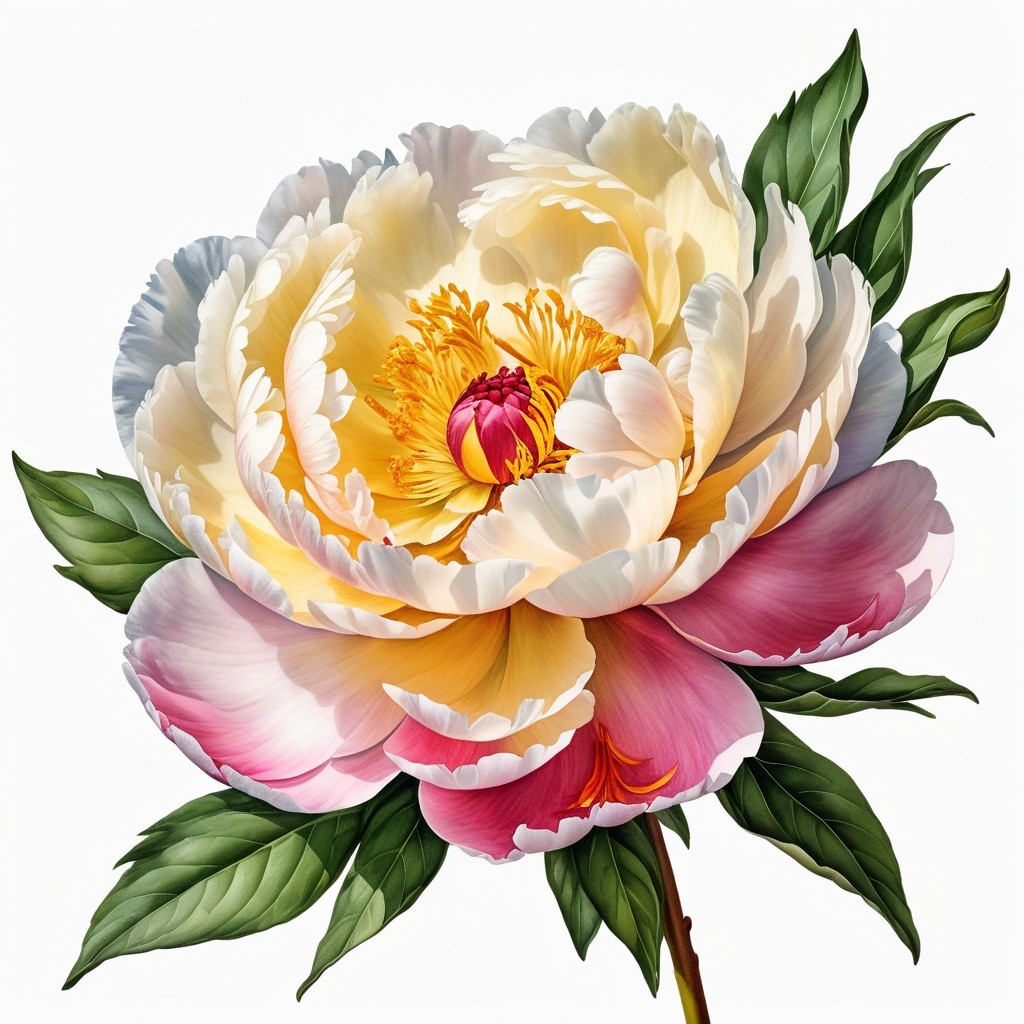 Peony Flower with Yellow-Pink Petals and Green Leaves