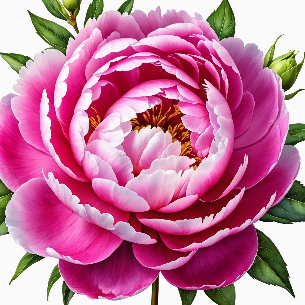 Vibrant Pink Peony with Layered Petals and Green Leaves