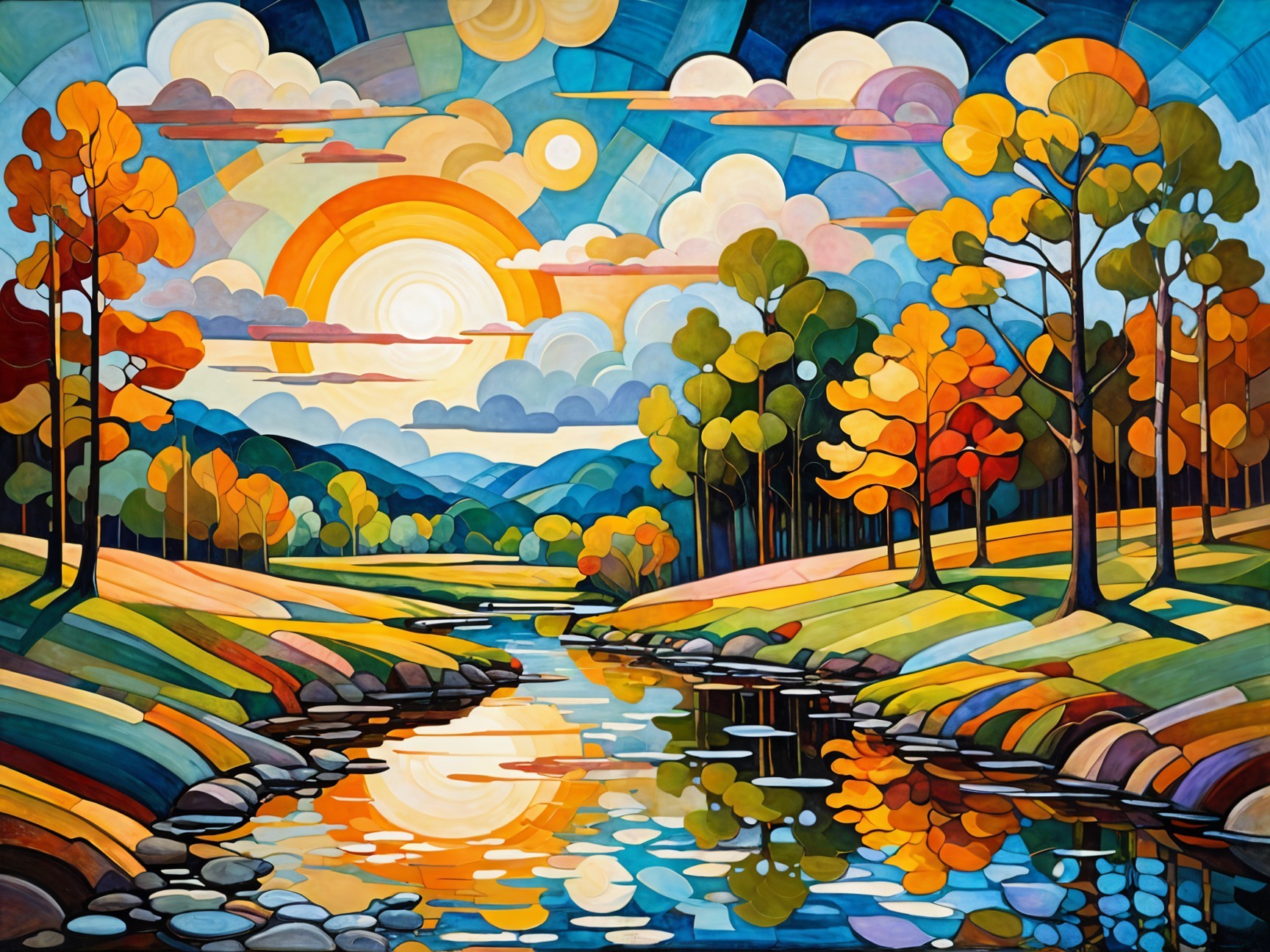 Vibrant Landscape with Autumn Trees and Serene River