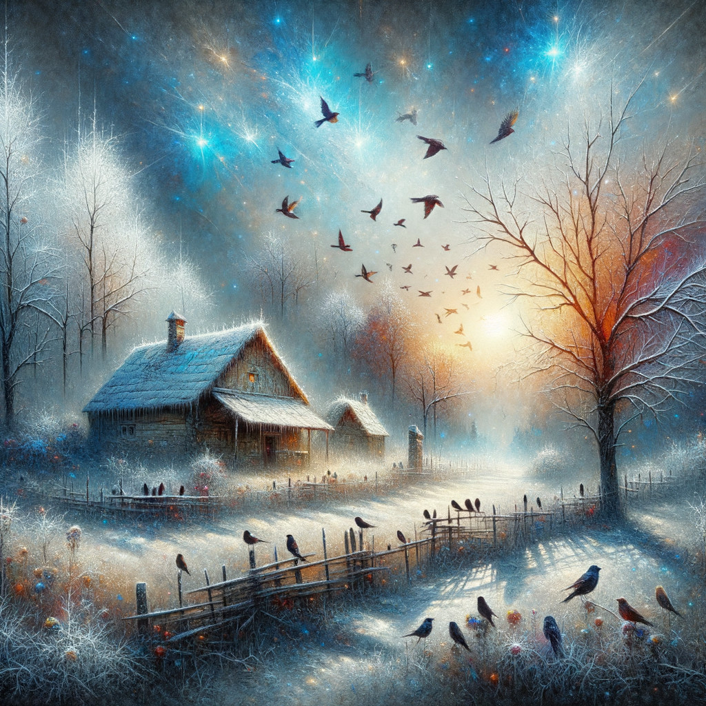 Snow-Covered Cottage in a Winter Landscape at Sunrise