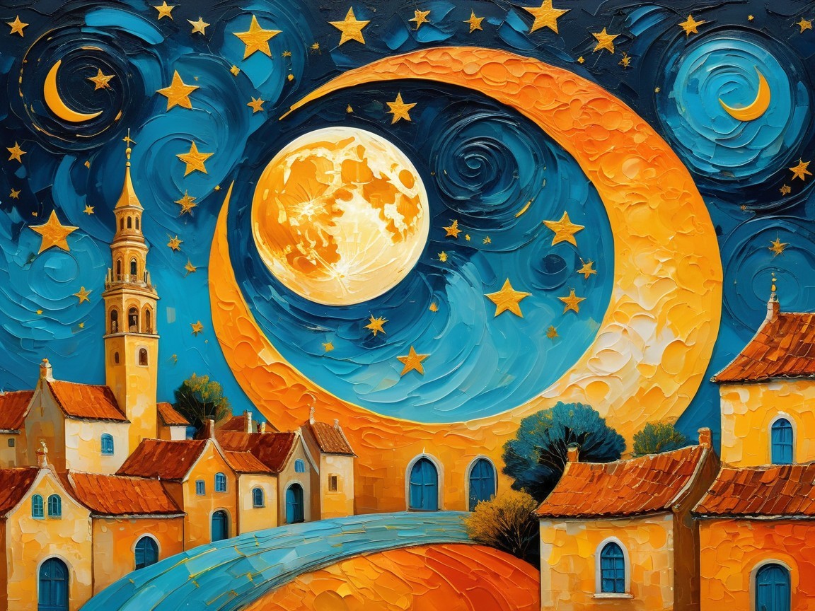 Vibrant Dreamy Landscape with Moon and Stars