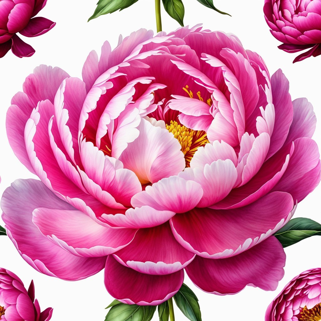Vibrant Pink Peony with Lush Green Leaves and Details