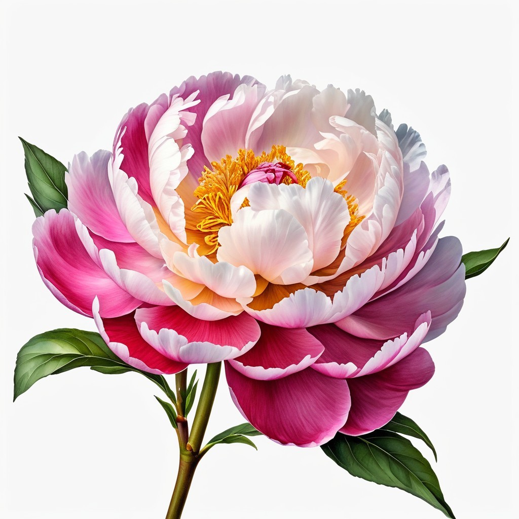 Peony Bloom with Pink-White Petals and Yellow Stamens