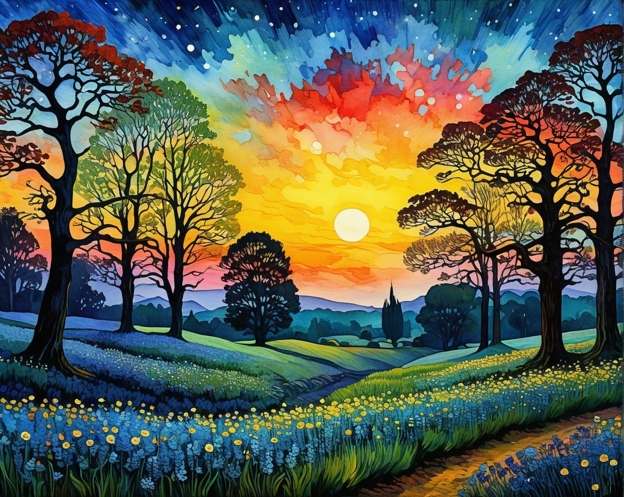 Vibrant Sunset Landscape with Silhouetted Trees and Flowers
