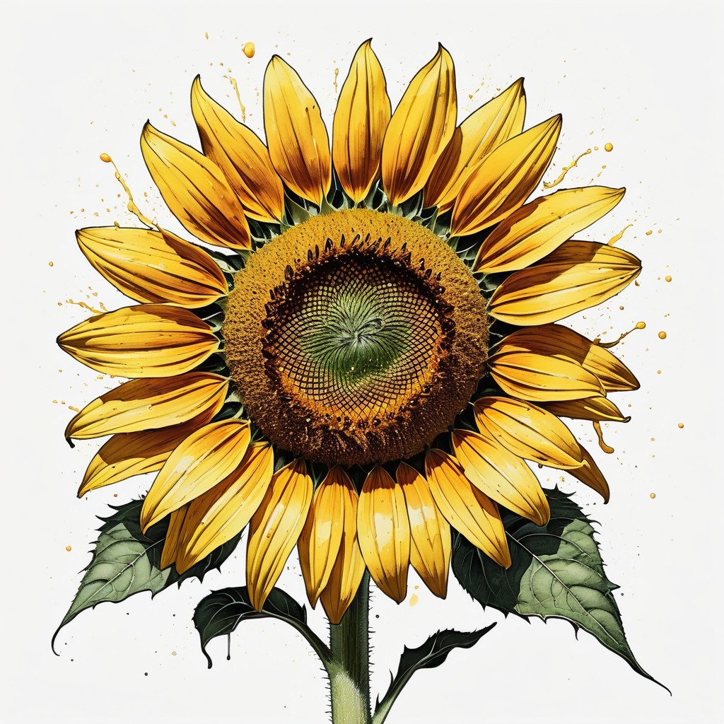 Vibrant Sunflower with Golden Petals and Green Leaves