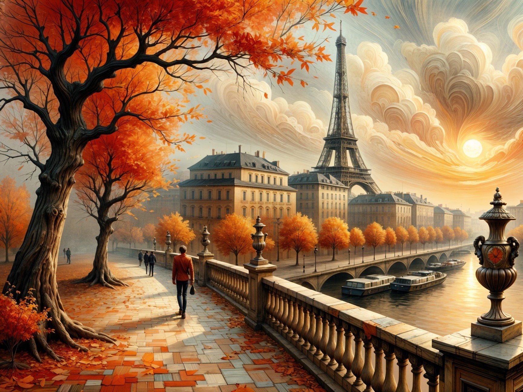Autumn View of Paris with Eiffel Tower and Seine River