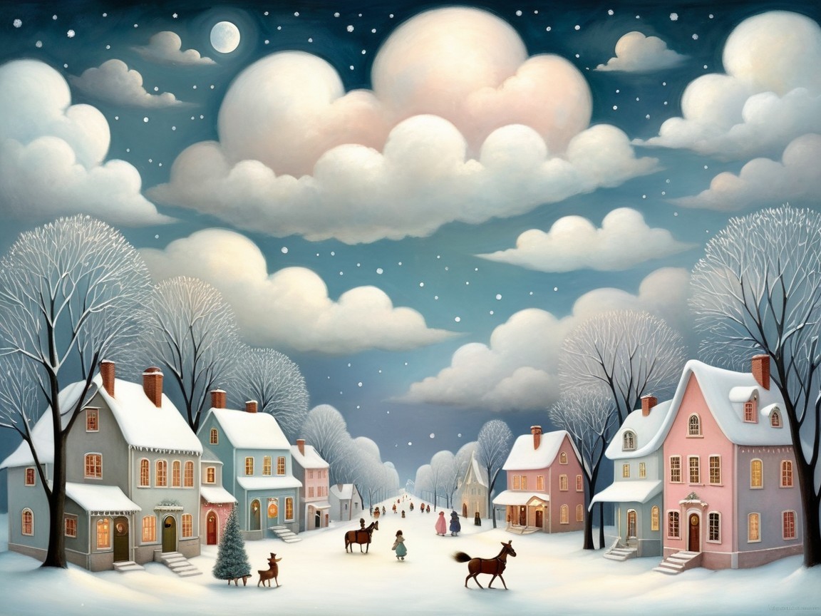 Winter Scene with Snowy Houses and Glowing Lamps