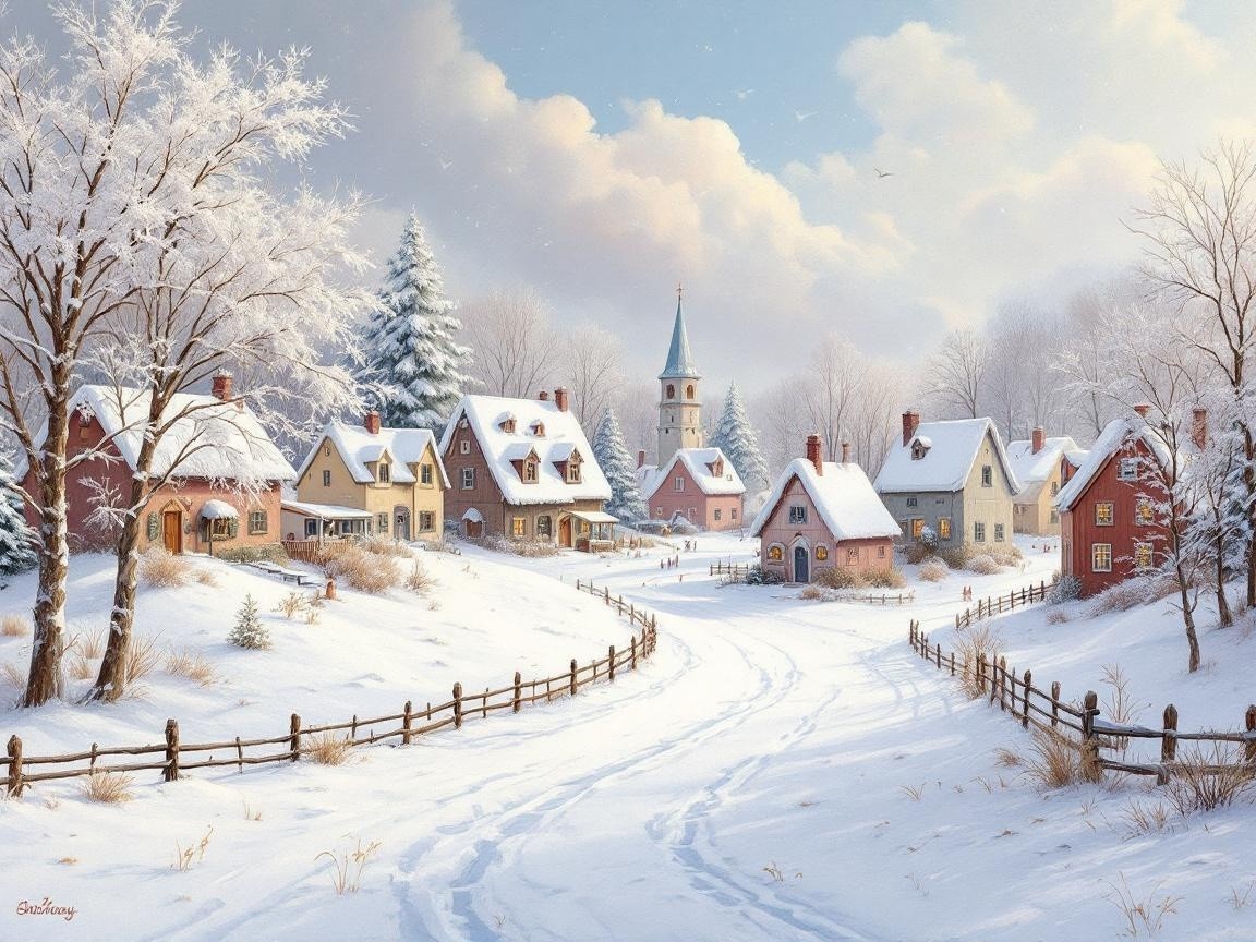Charming Snow-Covered Cottages in Winter Landscape