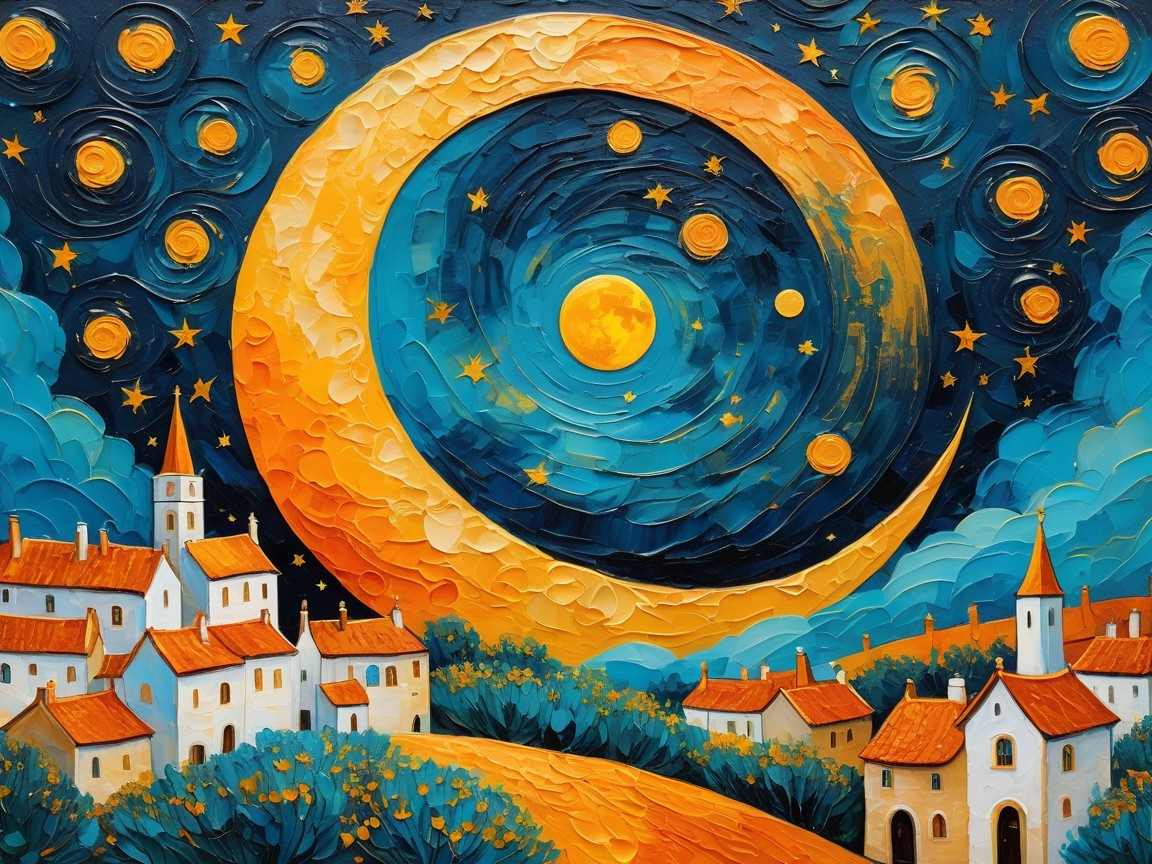 Vibrant Night Scene with Moons and Cozy Village