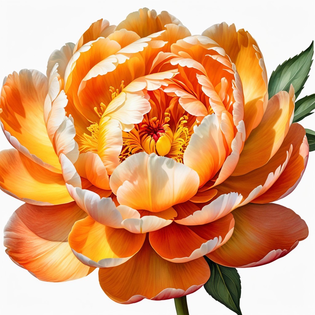 Vibrant Orange Peony with Silky Petals and Green Leaves