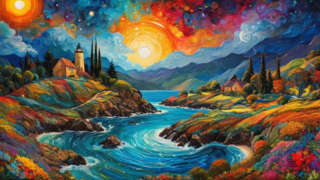 Vibrant Landscape with Shoreline and Autumn Foliage