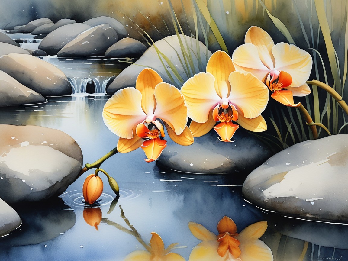 Watercolor Scene of Orange Orchids by a Stream
