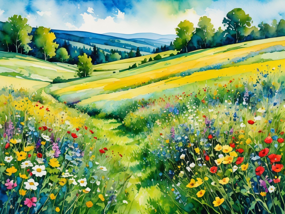 Vibrant Landscape of Rolling Hills and Wildflowers