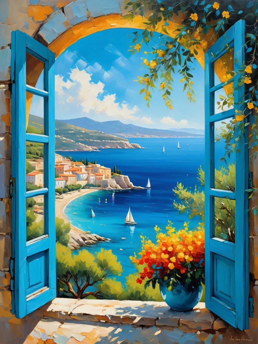 Coastal Scene Through a Blue-Framed Window