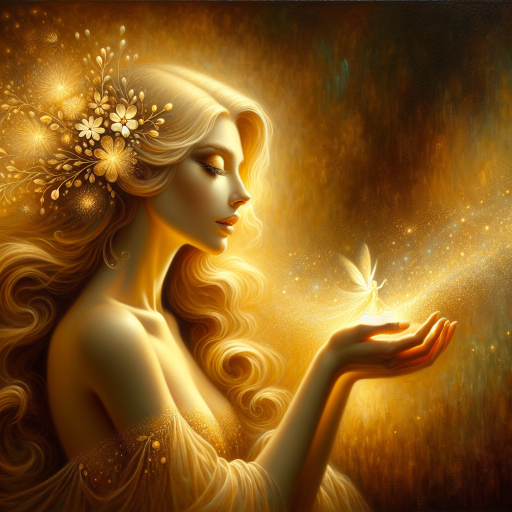 Ethereal Woman with Fairy in Golden Light Scene