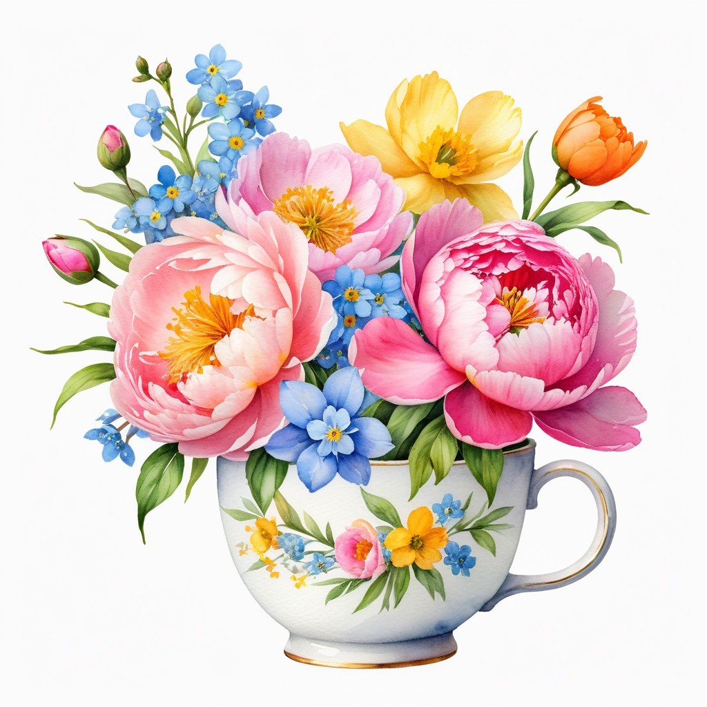 Vibrant Flower Bouquet in Decorative Teacup Arrangement