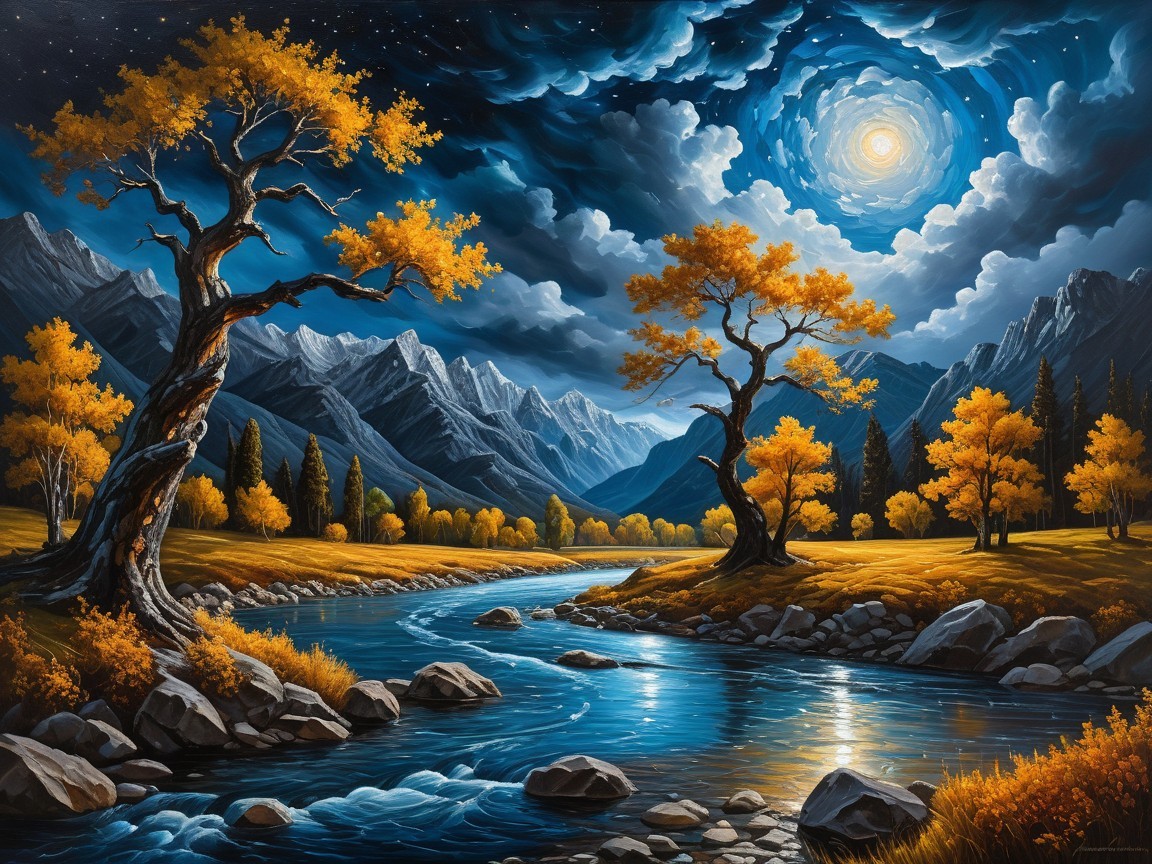 Serene Landscape with River, Autumn Trees, and Mountains