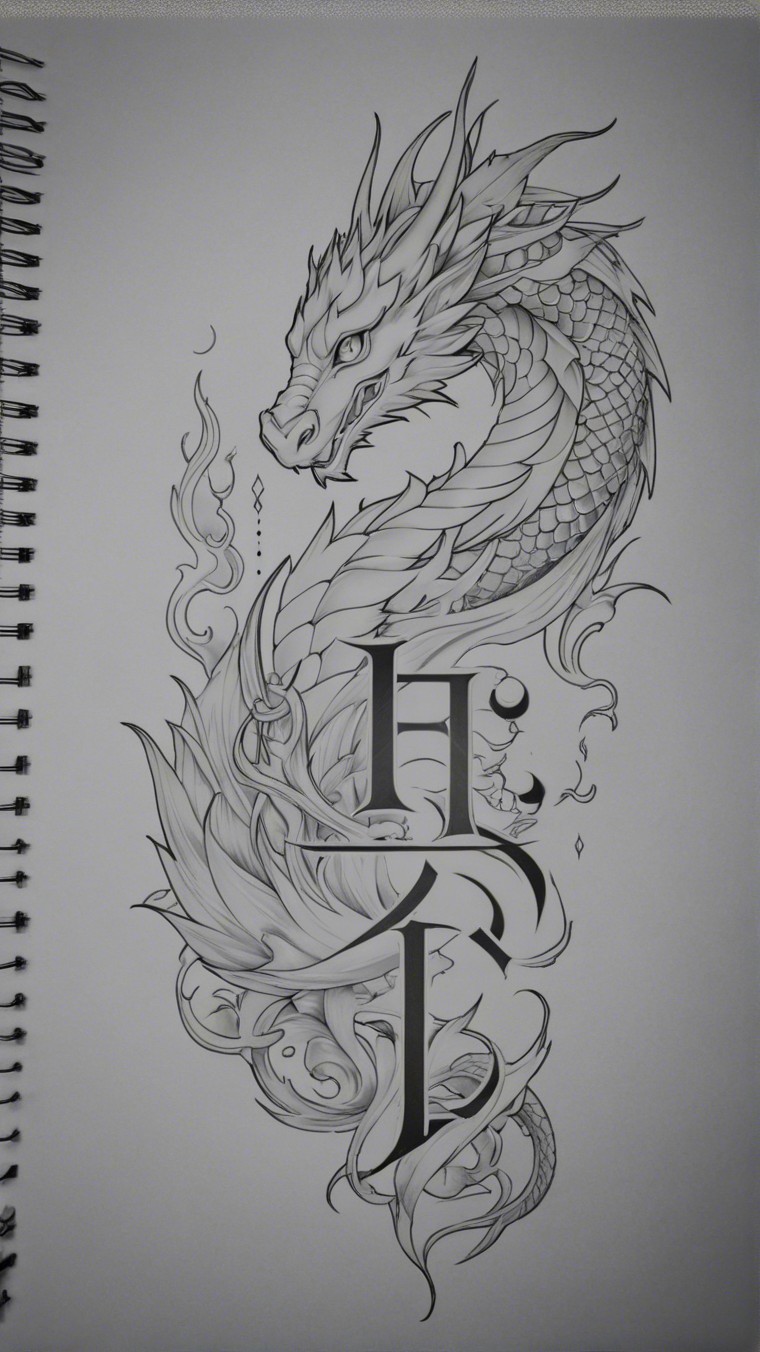 Black-and-White Dragon Illustration with Flames