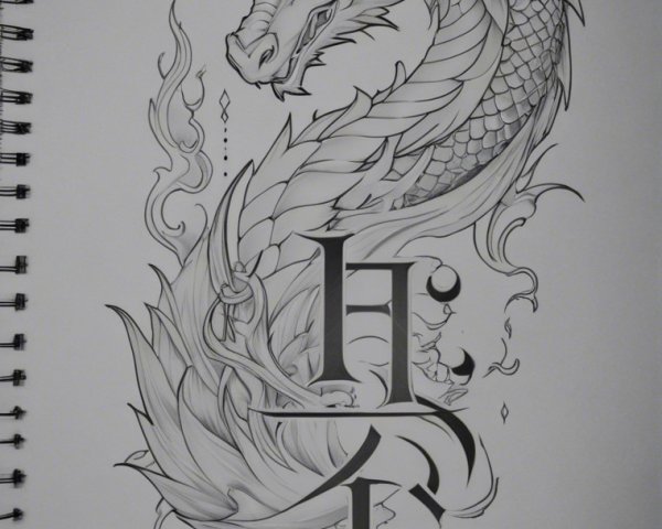 Black-and-White Dragon Illustration with Flames