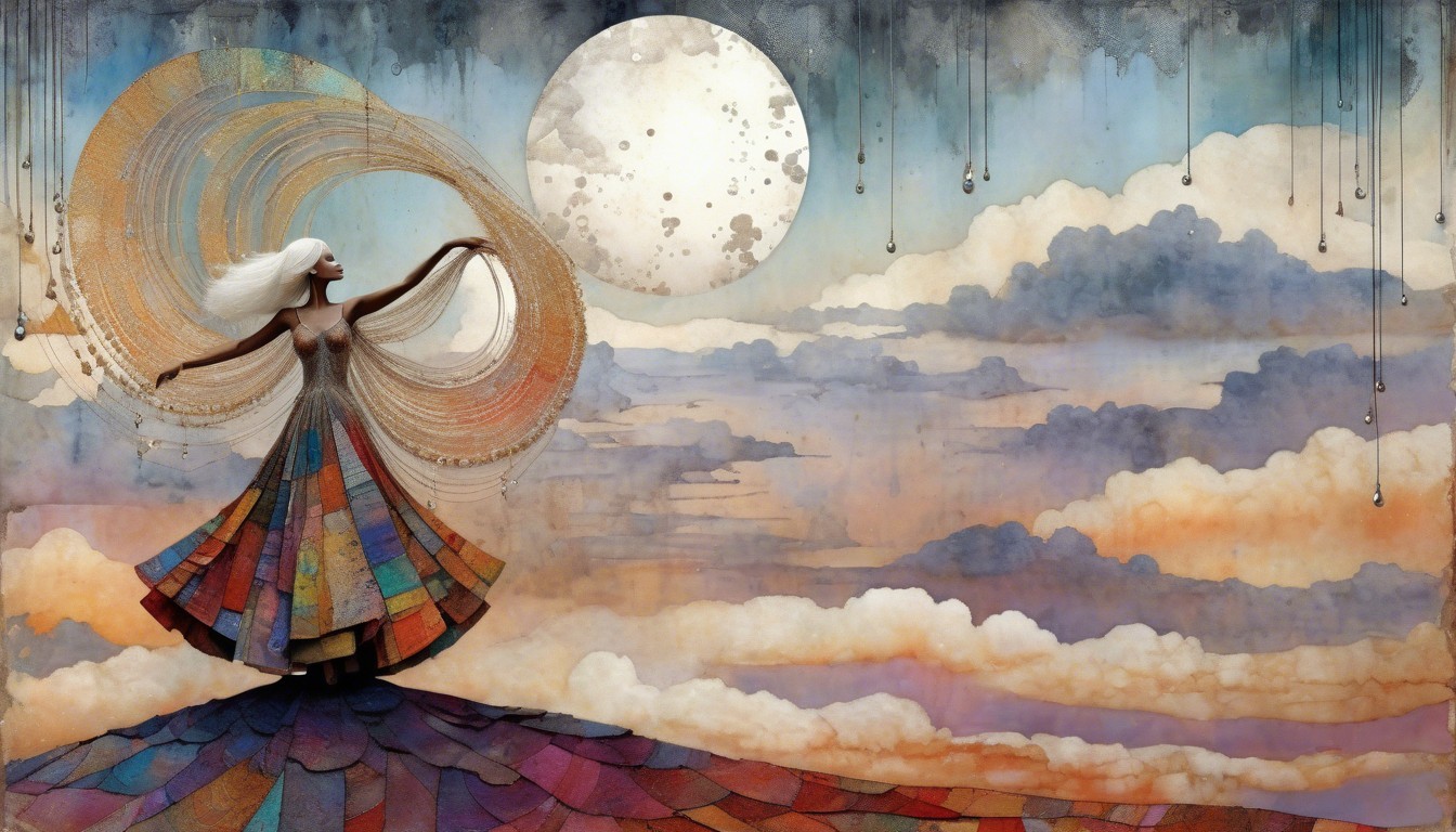 Graceful figure on colorful roof under luminous moon