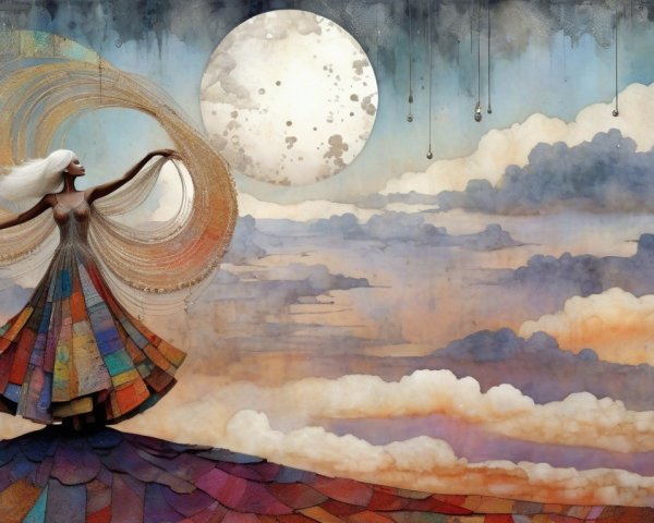 Graceful figure on colorful roof under luminous moon