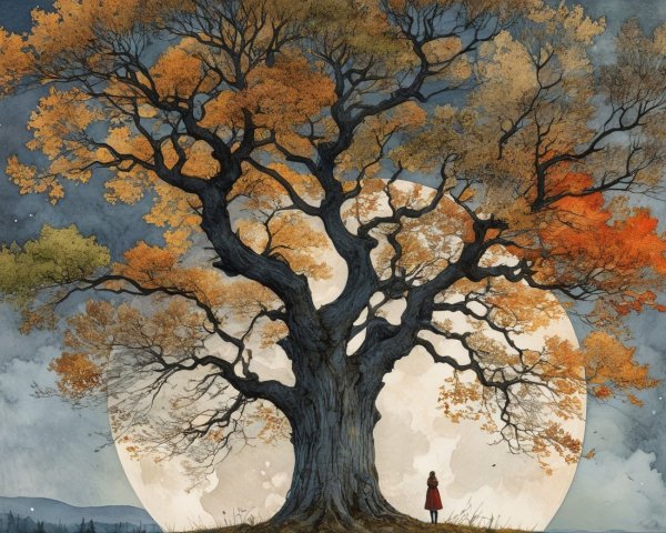 Majestic tree with autumn foliage under a luminous moon