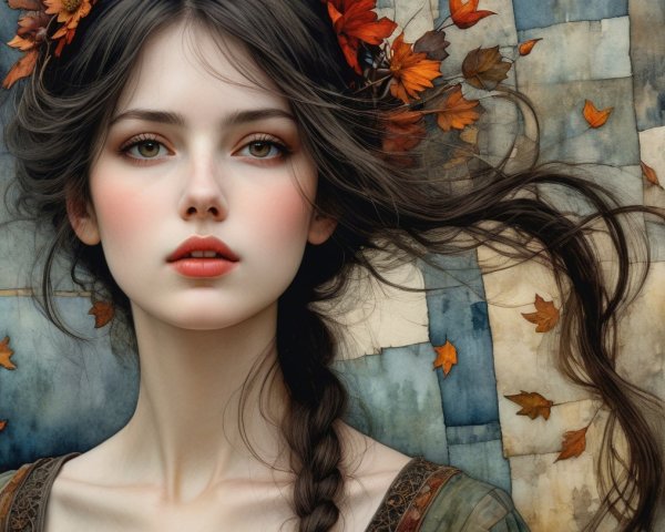 Portrait of a Young Woman with Autumn Leaves