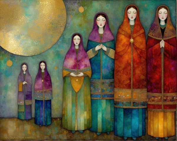 Close-Up Folk Art Painting of Seven Women in Prayer