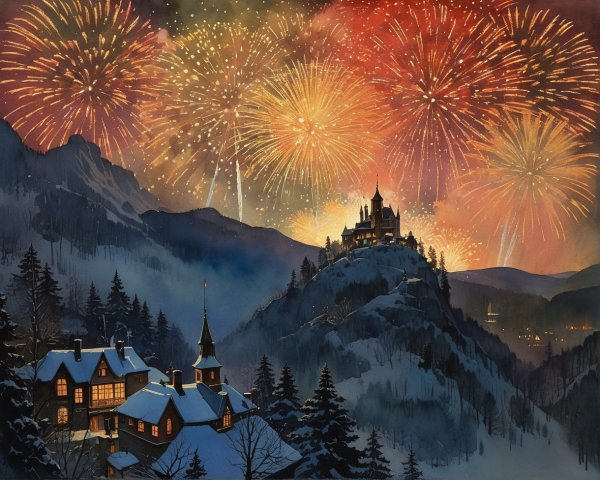 Winter Wonderland with Fireworks and Castle Scene