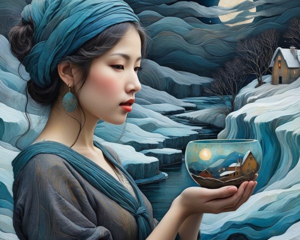 Digital Painting of East Asian Woman in Art Nouveau Style