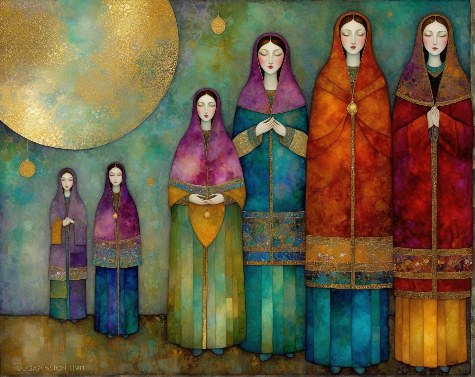 Close-Up Folk Art Painting of Seven Women in Prayer