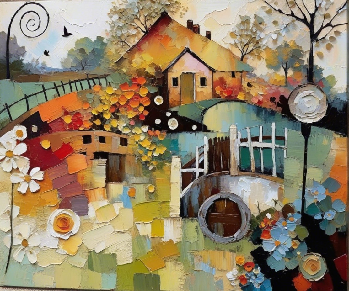Vibrant Abstract Landscape with Charming House and Pond