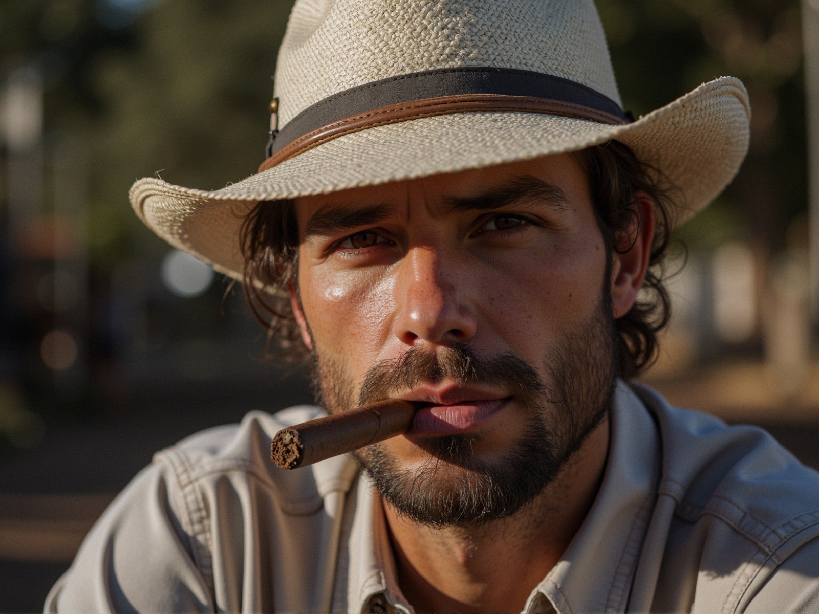 Rugged Man with Cigar and Straw Hat Outdoors